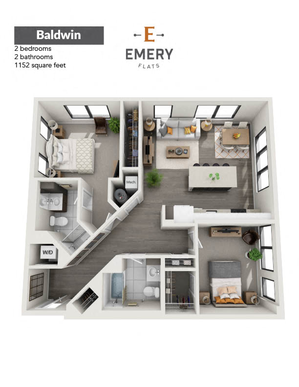 Floor plan for 2 beds, 2 baths, 1159 sqft